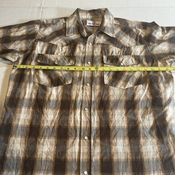 Real Work Wear Plaid Brown light brown blue Men's Shirt pearl snap buttons sz L - Picture 2 of 9